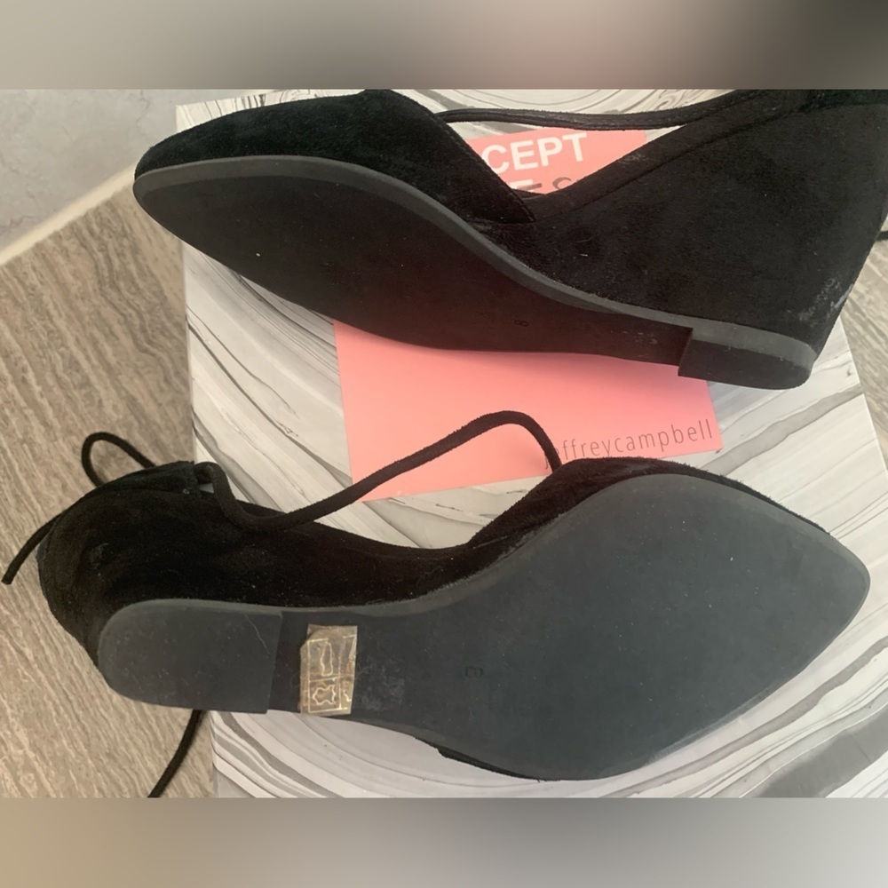 Jeffrey Campbell | Anthropologie Ouvere Black Suede Strappy Wedge Heels, Size 8 - Picture 8 of 8